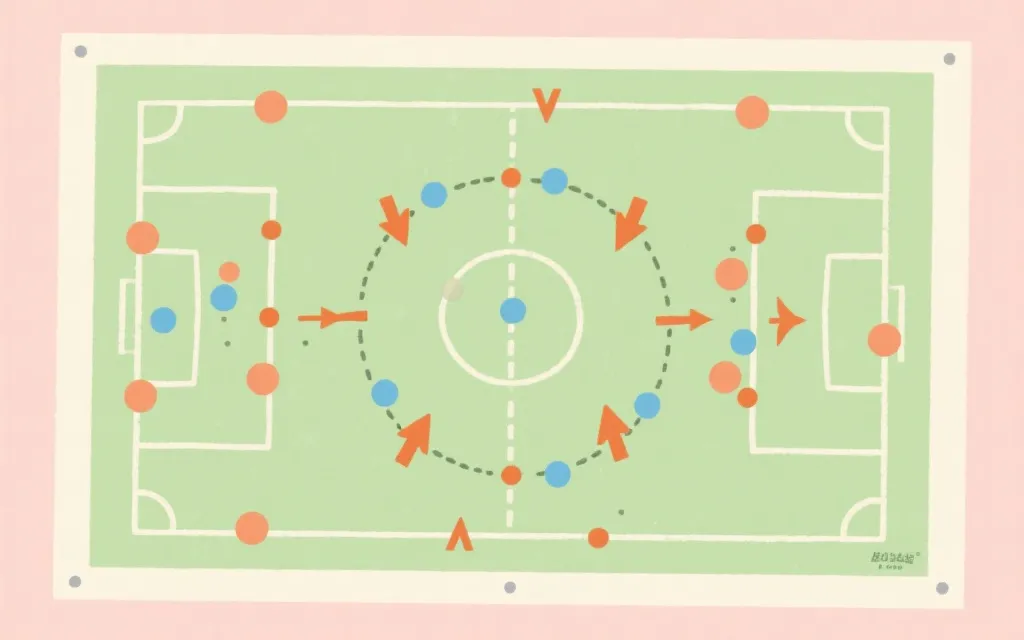 足球比赛战术变化示意图风格插画，中场与边路箭头标注，清晰易懂