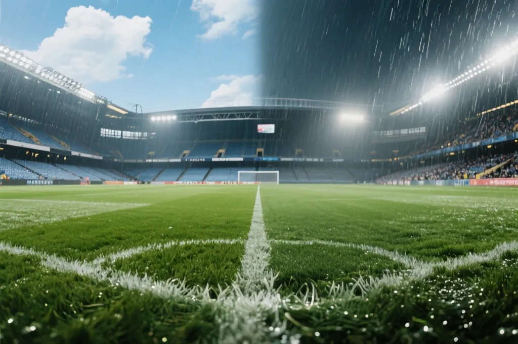 球场在不同天气条件下的对比画面，雨战与晴天，体现节奏变化